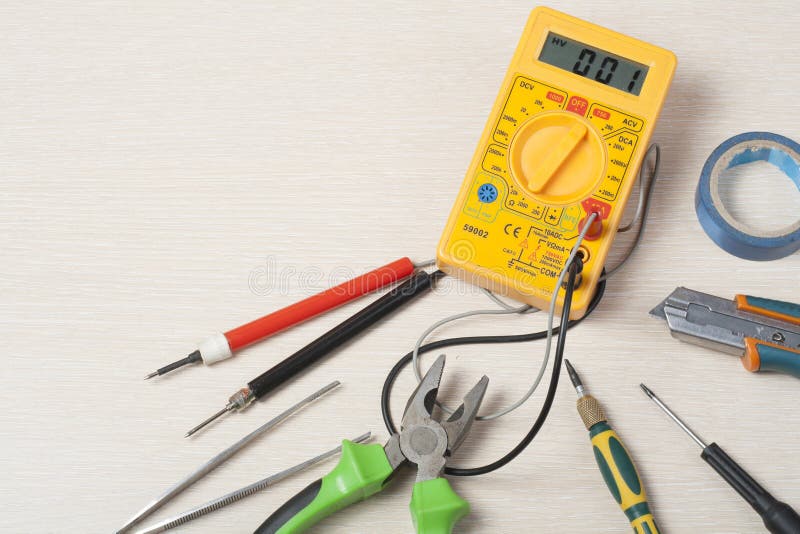 Set Of Electrical Tool On Wooden Background. Accessories For ...