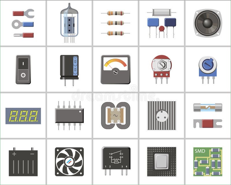 A set of electronic parts and components.