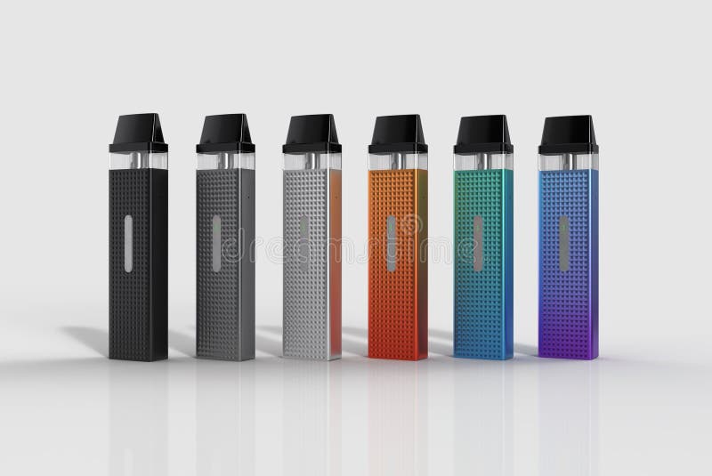 Set of Electronic Vapes in a Variety of Colors Standing Side by Side Isolated on a White