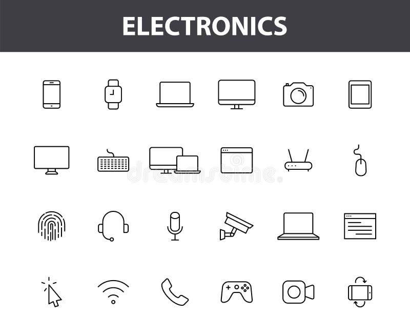 Set of 24 Electronics and Devices web icons in line style. Device, phone, laptop, communication, smartphone, ecommerce royalty free illustration Set of 24 Electronics and Devices web icons in line style. Device, phone, laptop, communication, smartphone, ecommerce royalty free illustration