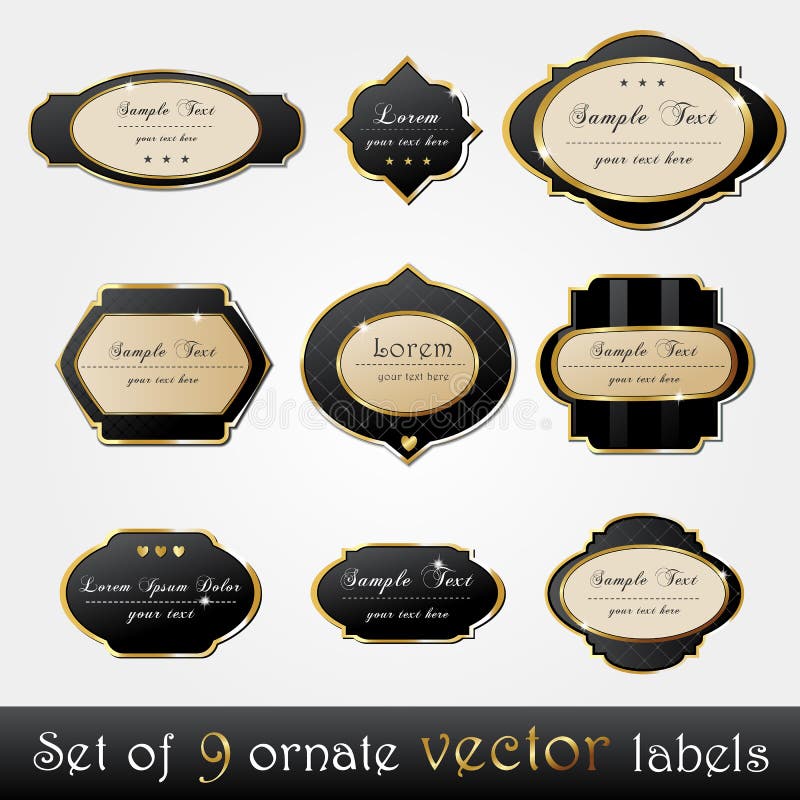 Set of elegant, dark, gold-framed labels vector illustration