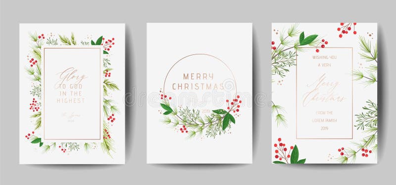 Set of Elegant Merry Christmas and New Year 2020 Cards with Pine Wreath, Mistletoe, Winter plants design illustration