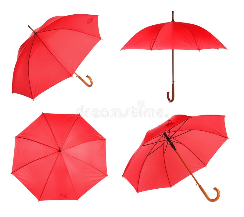 Set with elegant red umbrella from different views royalty free stock photos