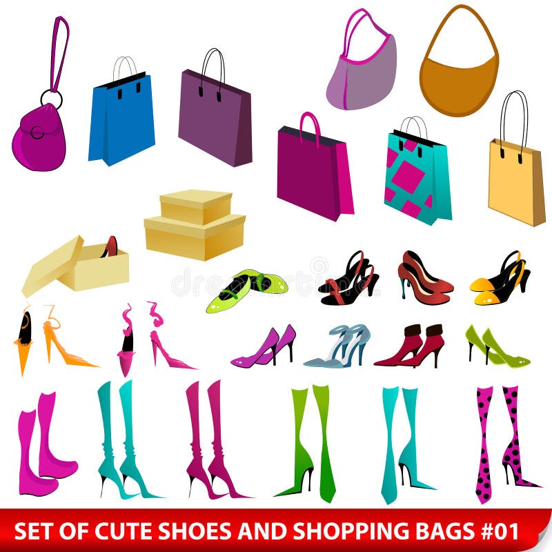 Set of Elegant Shoes and Shopping Bags Stock Vector - Illustration of ...