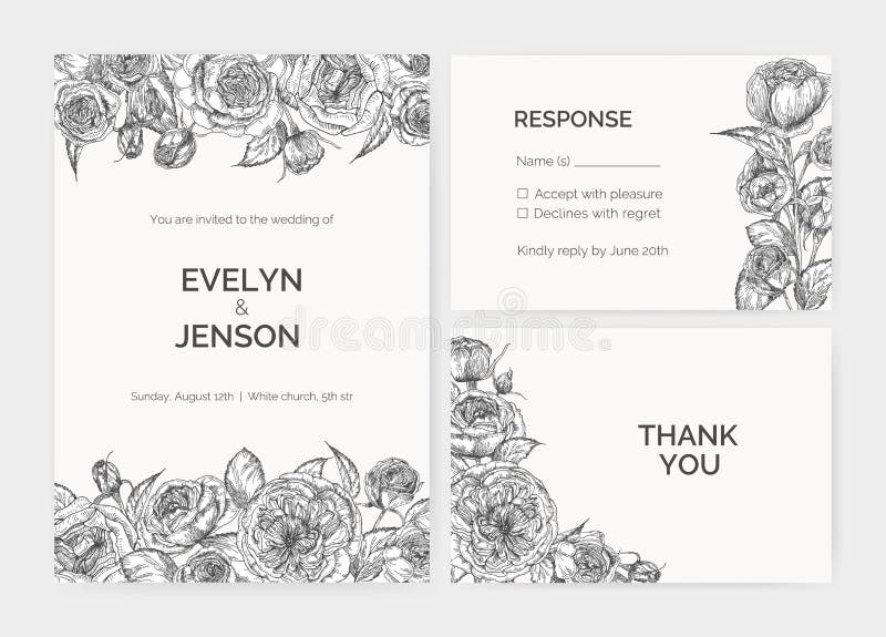 Set of elegant wedding invitation, response card and thank you note templates decorated by Austin rose flowers hand