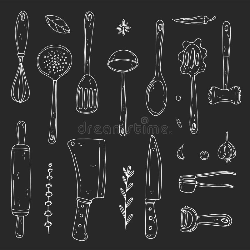 Set of elements with hand drawn cooking outfit on a chalkboard background vector illustration