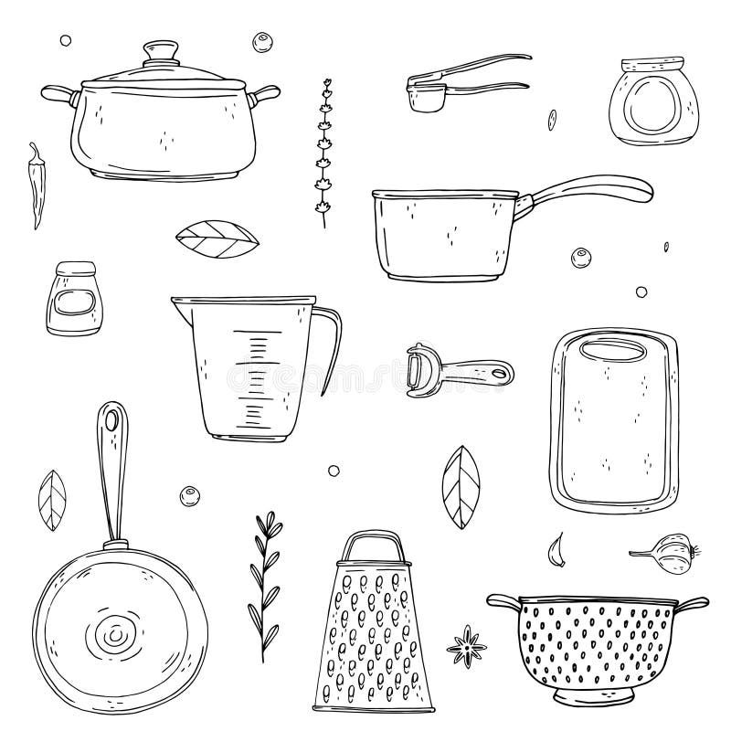 Set of elements with hand drawn kitchenware on isolate on a white background stock illustration