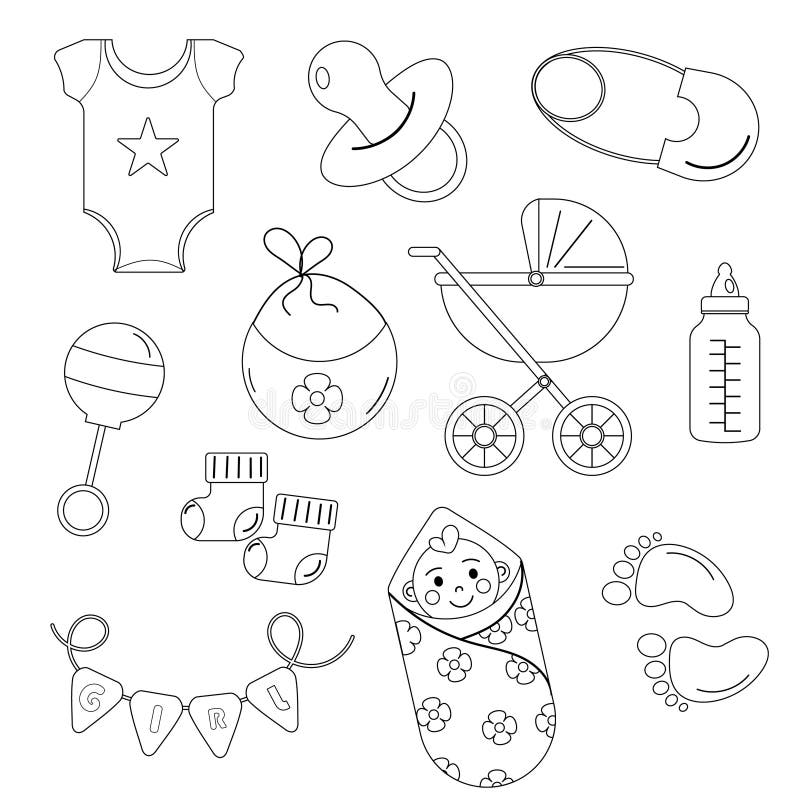 Set of Elements Outline for Baby Shower for a Girl. Vector Illustration ...