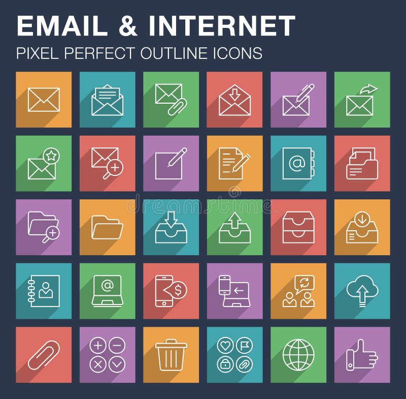 Set of email and internet icons with long shadow. stock illustration