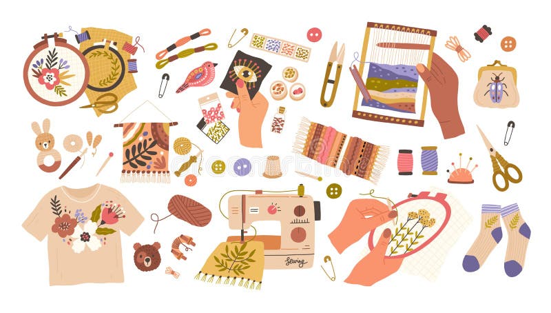 Set of embroidery and weaving vector flat illustration. Collection of different type handmade creative hobby isolated on royalty free illustration