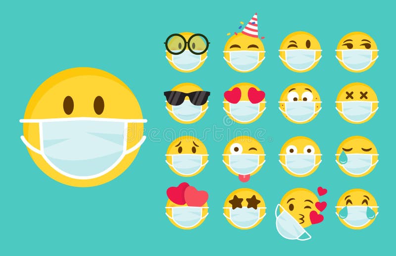 Set of emoji with a medical mask on the face.