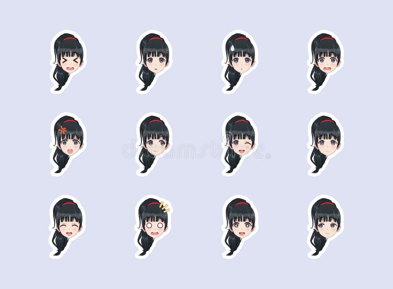 Set Of Emotional Stickers Head Anime Manga Girl Stock Vector