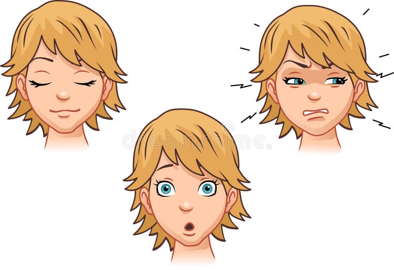 A set of emotions by a cute girl [calm, anger, surprise]. Vector illustration.