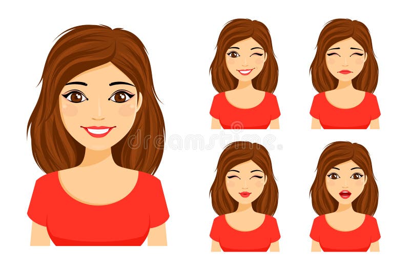 Set of emotions. Young cute girl shows different emotions. Flirting, kissing, sad, surprised, winking royalty free illustration Set of emotions. Young cute girl shows different emotions. Flirting, kissing, sad, surprised, winking royalty free illustration