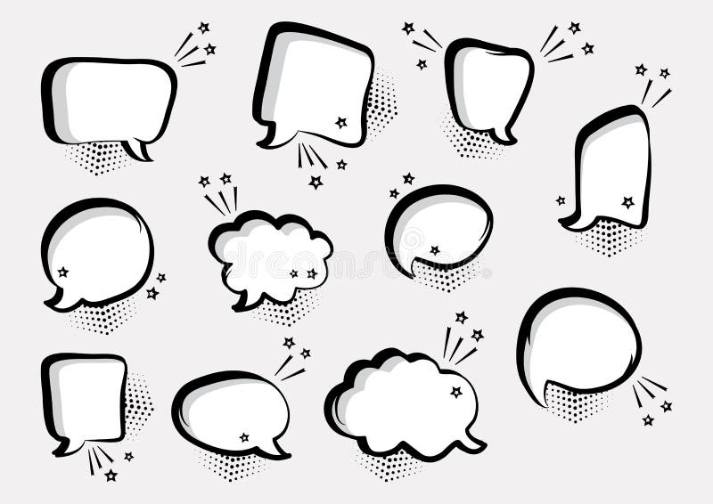 Set of empty comic speech bubbles different shapes with stars. Comic sound effects in pop art style. Vector stock illustration Set of empty comic speech bubbles different shapes with stars. Comic sound effects in pop art style. Vector stock illustration