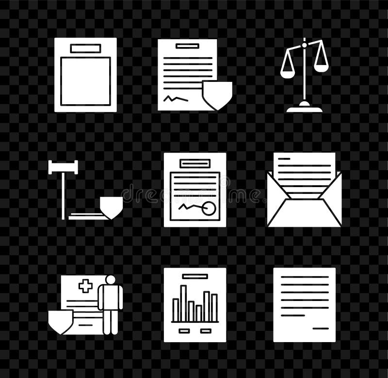 Set Empty form, Contract with shield, Scales of justice, Medical clipboard clinical record, Document graph chart, Judge stock illustration