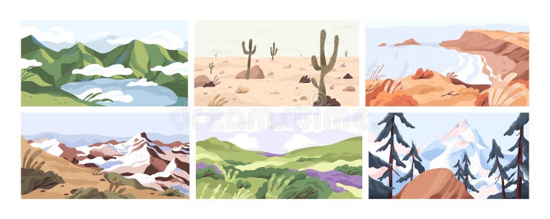 Set of empty landscapes and sceneries with snowy mountain tops, hills, field, lake, sea and desert. Collection of scenic