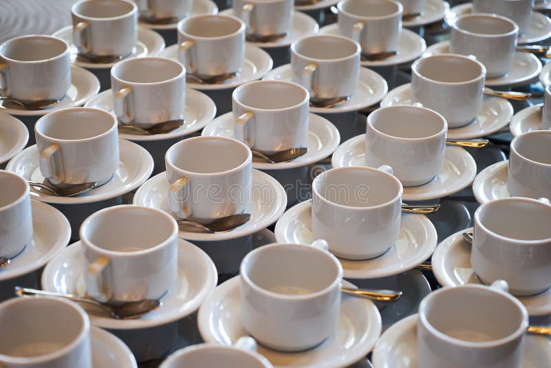 Set of Empty white ceramic tea or coffee cup and saucers, top vi stock images Set of Empty white ceramic tea or coffee cup and saucers, top vi stock images