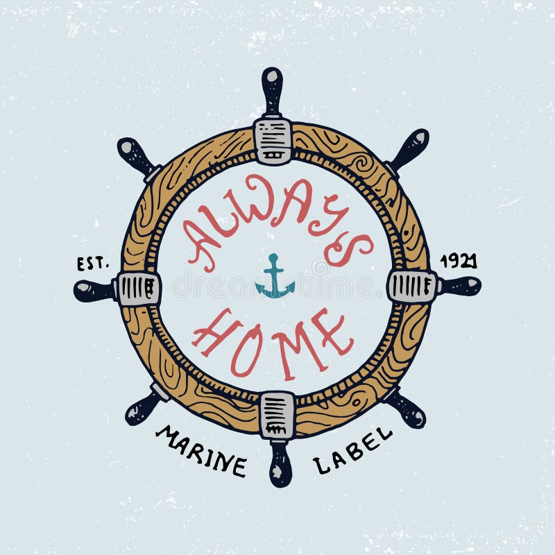 Set of engraved vintage, hand drawn, old, labels or badges for steering wheel. Marine and nautical or sea, ocean emblems royalty free illustration Set of engraved vintage, hand drawn, old, labels or badges for steering wheel. Marine and nautical or sea, ocean emblems royalty free illustration