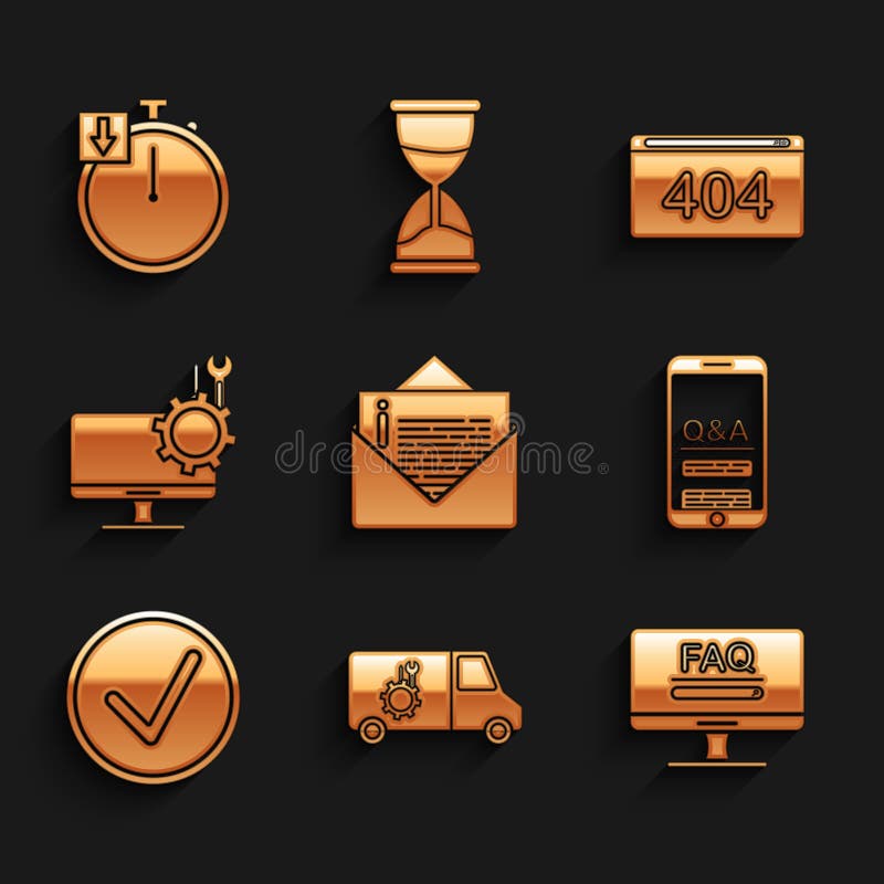 Set Envelope, Car service, Monitor with FAQ information, Mobile Question and Exclamation, Check mark circle, Computer stock illustration