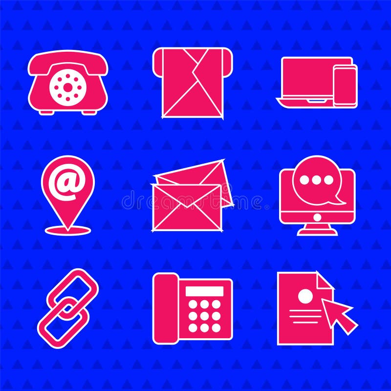 Set Envelope, Telephone, Document and cursor, Chat messages notification monitor, Chain link, Location mail e-mail vector illustration