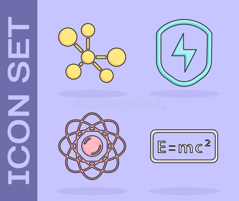 Set Equation solution, Molecule, Atom and Secure shield with lightning icon. Vector royalty free illustration