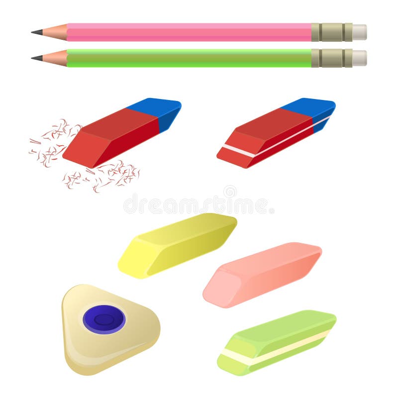 Set of Erasers of Different Color and Shape, Two Pencils Stock Vector