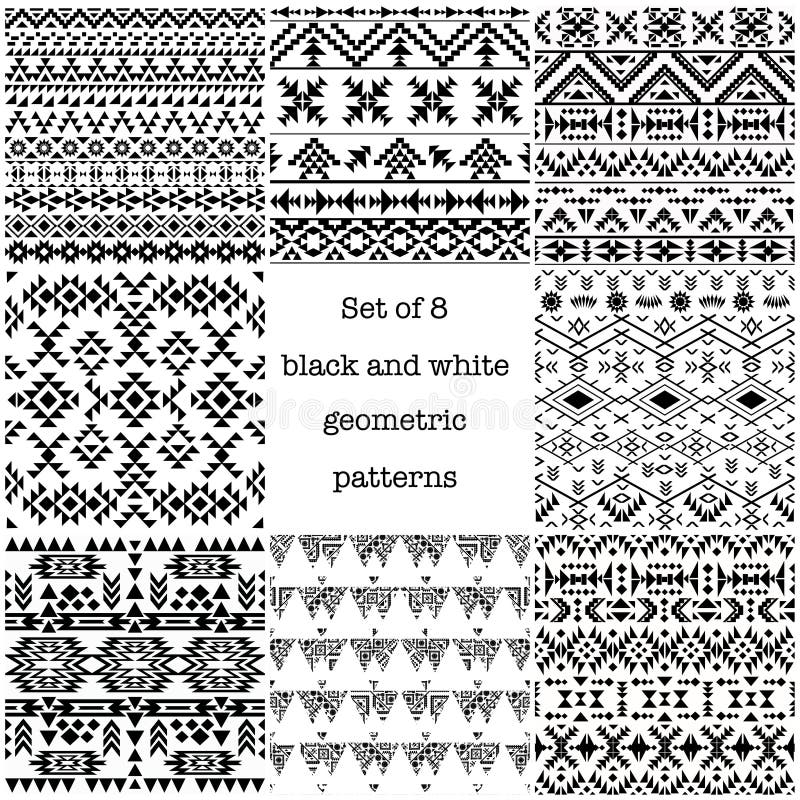 Set of 8 ethnic black and white geometric patterns vector illustration