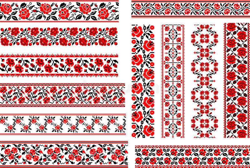 Set of 12 Ethnic Patterns for Embroidery Stitch with Roses