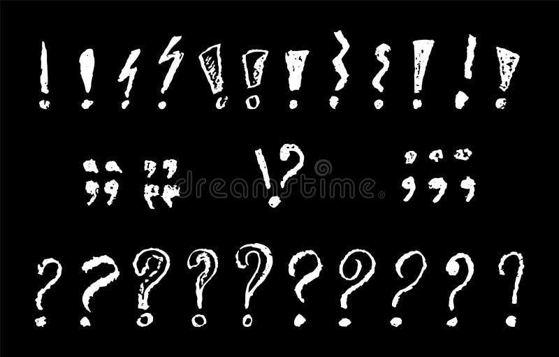 Set of exclamation question and quotation marks symbols. White crayon handwritten text signs. Collection of icons for royalty free illustration