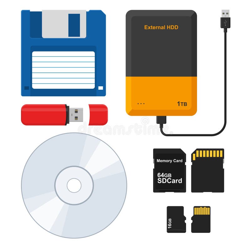 Set of External Storage Media: Floppy Disk, External Hard Disk Drive, Flash  Drive USB Memory Stick, CD or DVD Disk, SD Stock Vector - Illustration of  information, flash: 124846289