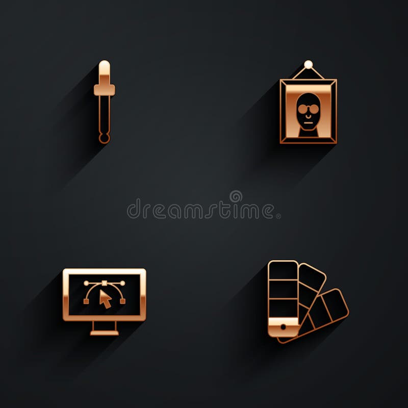 Set Eyedropper color picker palette, Picture, Computer with design program and Color guide icon with long shadow. Vector vector illustration