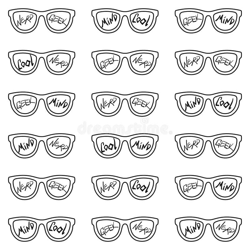 Set. Seamless pattern with glasses and inscriptions: nerd, cool, mind, geek. Vector illustration royalty free illustration