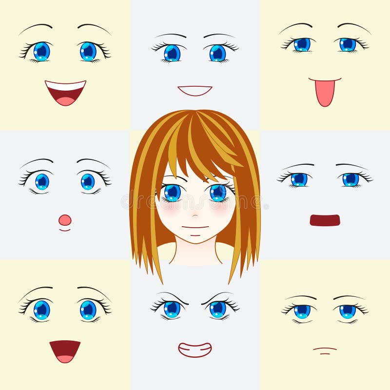 Set Of Faces In Manga Style. Cute Anime Eyes And Mouths 