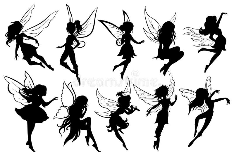Set of fairies. Collection of girls fairy silhouettes. Black white vector illustration for children. Magic girls with
