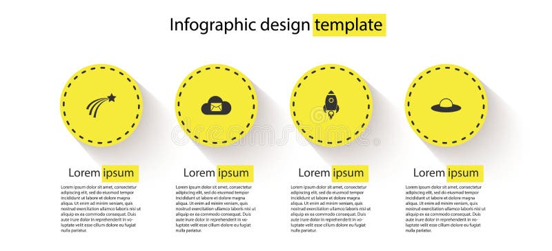 Set Falling star, Cloud mail server, Rocket ship with fire and UFO flying spaceship. Business infographic template stock illustration