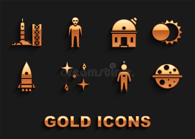 Set Falling stars, Eclipse of the sun, Planet Saturn, Astronaut, Rocket ship, Astronomical observatory, launch from royalty free illustration