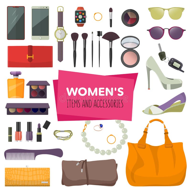 Set of Fashion Accessories. Women Items and Accessories Stock Illustration  - Illustration of mirror, bracelet: 104534556