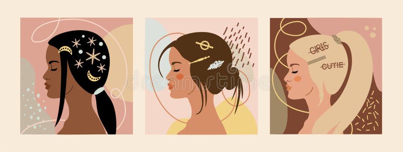 Set of  fashion girls profiles with trendy hairstyle for women. Women with hairpins and hair clips with pearls. Colorful vector