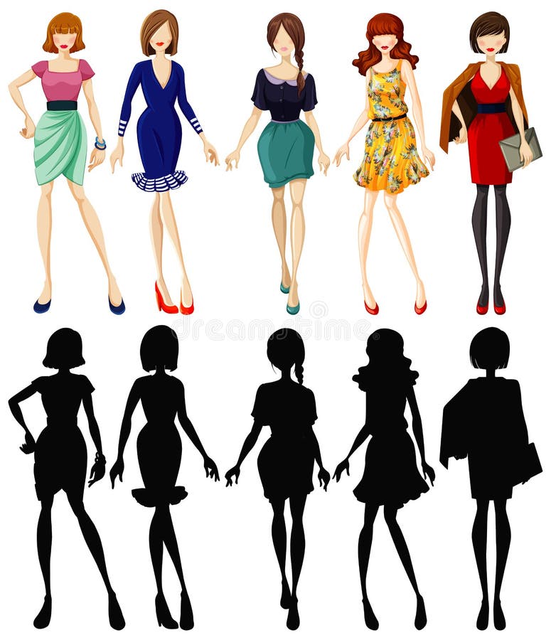 Set of Fashionable Lady with Its Silhouette Stock Vector - Illustration ...