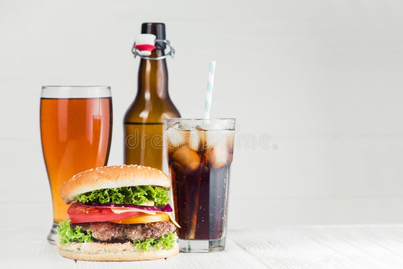 cola, beer and burger