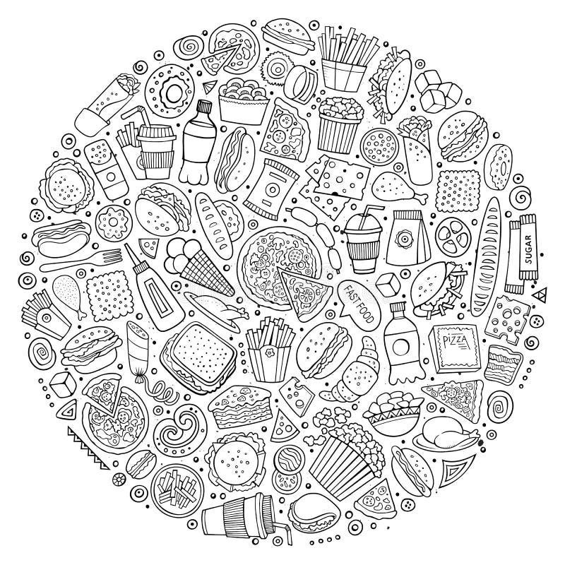 Set fast food kreskówki doodle protestuje, symbole i rzeczy royalty ilustracja Set fast food kreskówki doodle protestuje, symbole i rzeczy royalty ilustracja