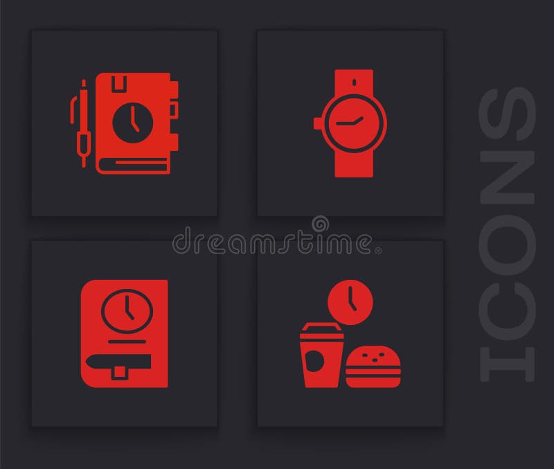 Set Fast food time, Daily paper notepad, Wrist watch and Time for book icon. Vector stock illustration