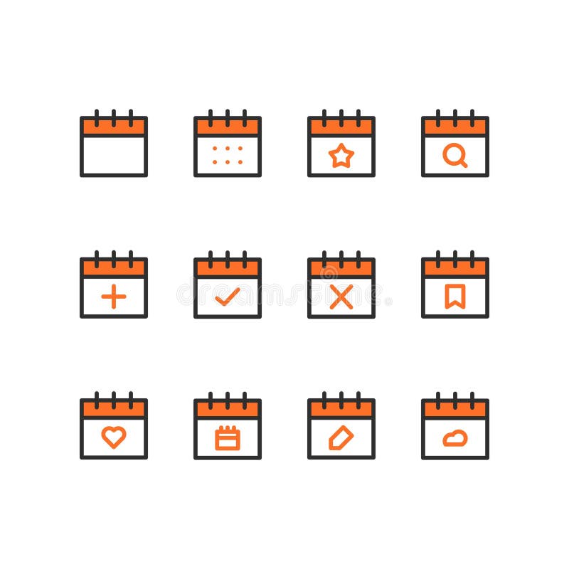 Calendar icon set. Date icon set. Save, Search, Add, Tic, Cross, Bookmark, Save date icon. royalty free illustration