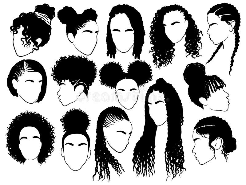 Set of Female Afro Hairstyles. Collection of Dreads and Afro Braids for a  Girl. Black and White Illustration for a Stock Vector - Illustration of  people, model: 159254062
