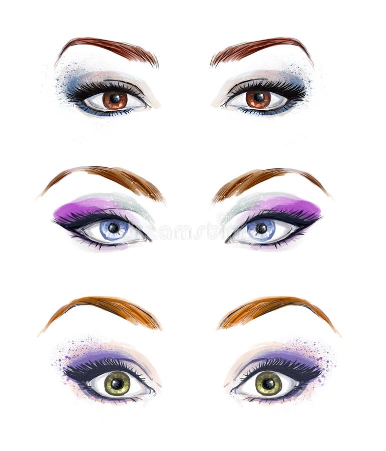 Set of female eyes and brows image with beautifully fashion make up. Fashion illustration. Green eyes. Blue eyes. Brown eyes. royalty free illustration Set of female eyes and brows image with beautifully fashion make up. Fashion illustration. Green eyes. Blue eyes. Brown eyes. royalty free illustration