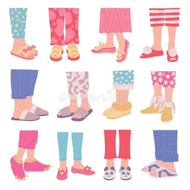 Set of Legs in Cosy Home Footwear and Slippers Flat Vector Illustration ...