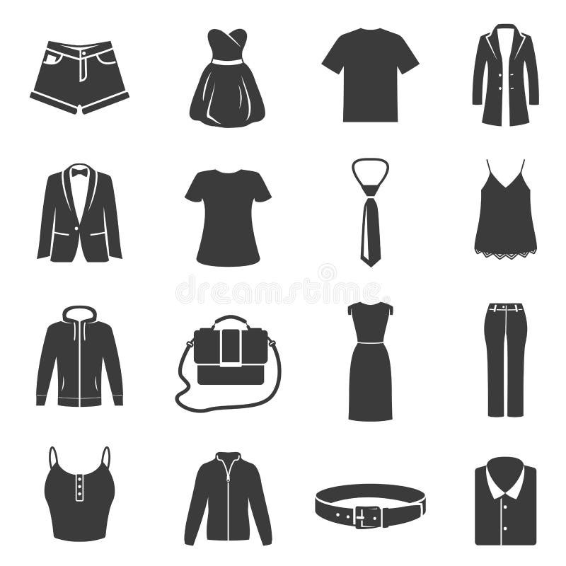 Set of Female, Male Dress, Clothes Black Silhouette Icons Isolated on ...