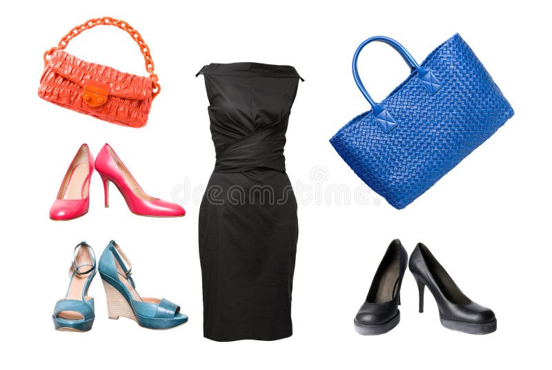 Set of female shoes, dress and bags