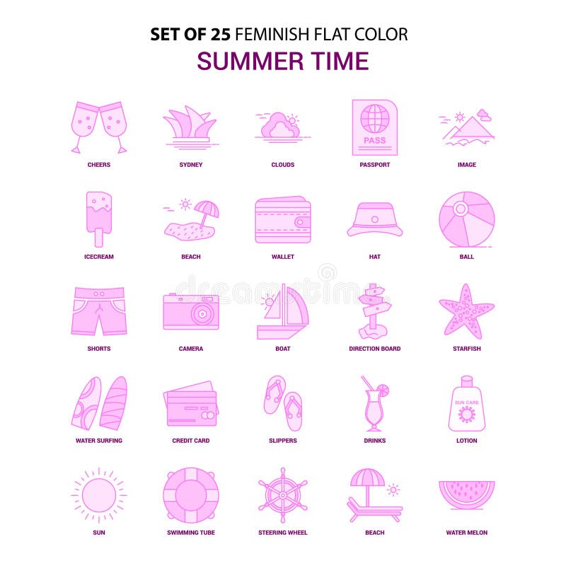 Set of 25 Feminish Summer Time Flat Color Pink Icon set stock illustration Set of 25 Feminish Summer Time Flat Color Pink Icon set stock illustration